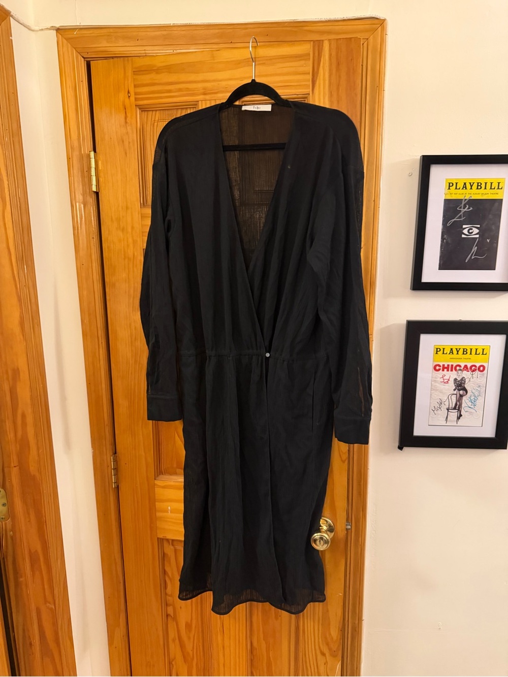 Black Long Sleeve V-Neck tibi sheer Women's wrap dress